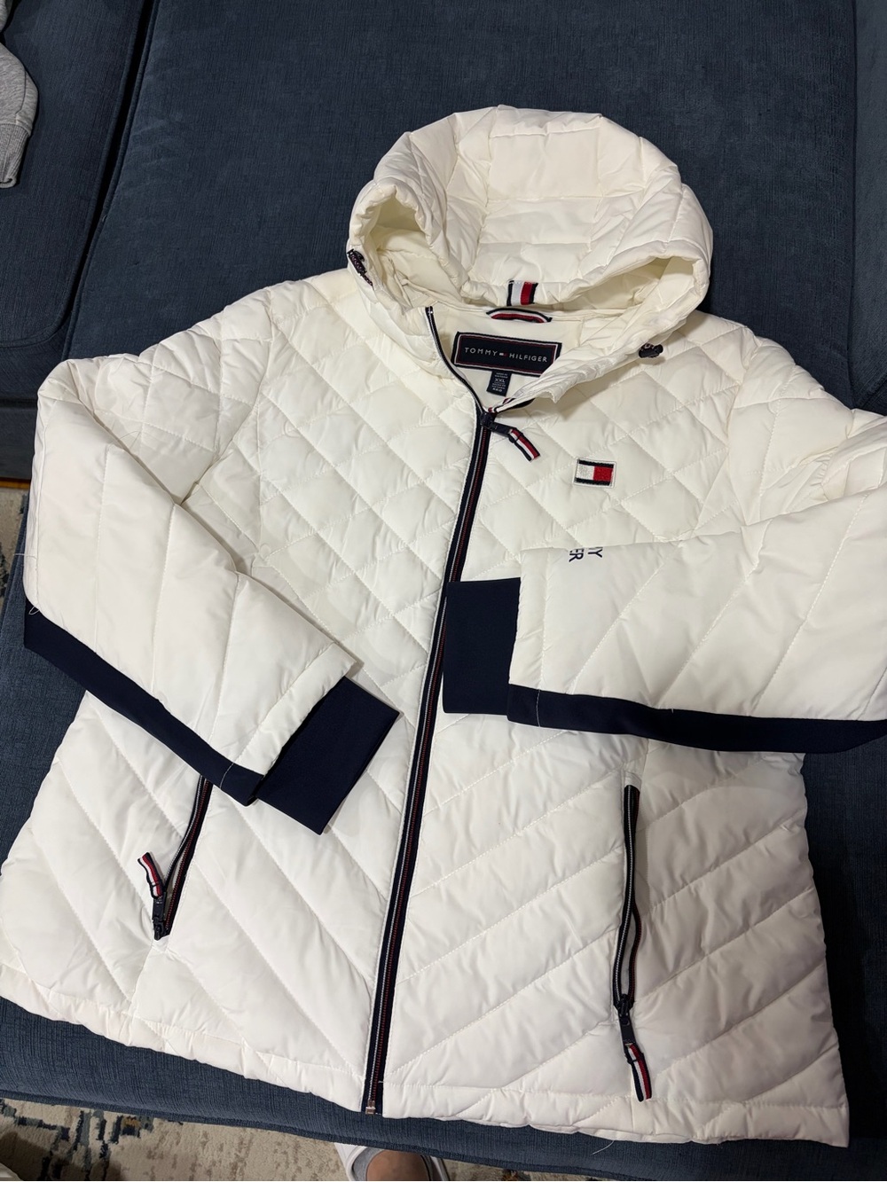 Tommy Hilfiger Cream Quilted Hooded Puffer with Navy Accents